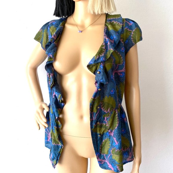 Floral Short Sleeve Summer Blouse | Ruffled Blouse | Frilly Top | ANTHROPOLOGIE - Picture 5 of 11